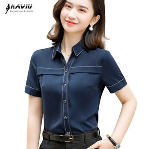 Donkerblauw shirt vrouwen korte mouw professionele formele temperament zomer chiffon mode blouses kantoor dames werk tops 210604