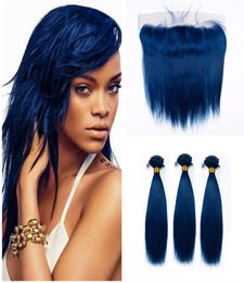 Faisceaux de cheveux humains droits bleu foncé avec fermeture frontale en dentelle 9a cheveux bleus 3 paquets avec trame de cheveux vierges malaisiens frontaux en dentelle3406740
