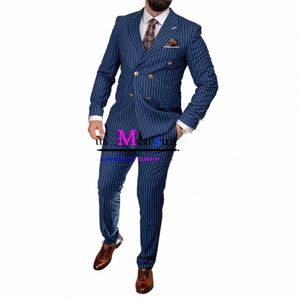 Trajes de rayas azul oscuro para hombres de doble botonadura 2 piezas chaqueta pantalón novio boda esmoquin masculino busin blazer conjuntos traje homme t1pa #