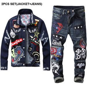 Donkerblauw trainingspak lente herfst geborduurde badge heren 2 STKS broeksets mode slim fit denim jasje en stretch jeans284g