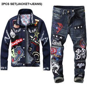 Survêtement bleu foncé printemps automne, Badge brodé, ensemble 2 pièces de pantalons pour hommes, veste en jean Slim Fit et jean extensible, 259L