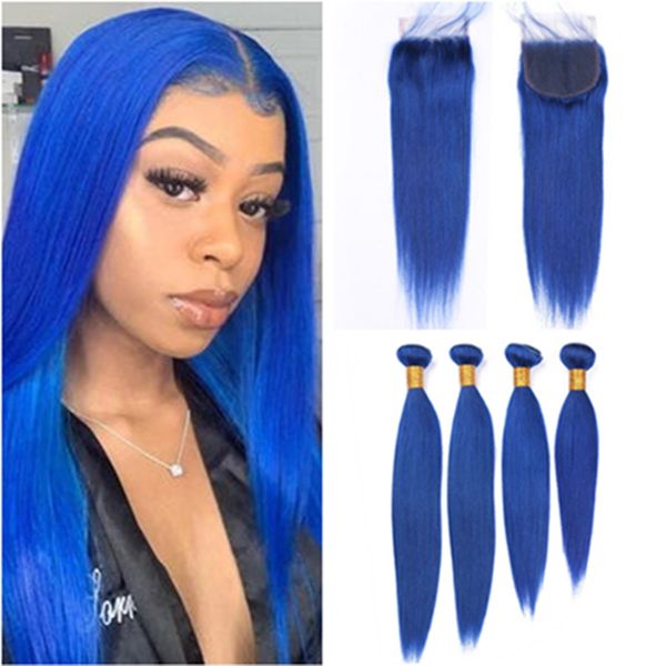 Cierre de cabello virgen azul oscuro con 4 paquetes de color azul puro El cabello humano recto peruano teje extensiones con cierre de encaje 4x4 