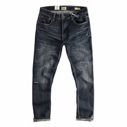 Bleu foncé w vintage chat barbe porté jeans homme micro élastique confortable petite jambe droite tendance jeunesse pantalon taille moyenne 36Y4 #