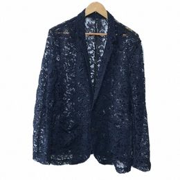 Bleu foncé broderie soluble dans l'eau évider hommes style de rue manteau décontracté ouest vêtements M-5XL!Vêtements personnalisés pour hommes R15a#