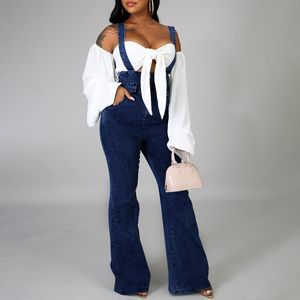 Donkerblauwe vrouwen jumpsuits wide been flare broek overall jeans rompers sexy denim jumpsuit plus size maat