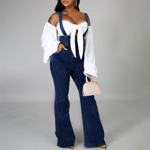 Combinaisons bleu foncé pour femmes, pantalon évasé à jambes larges, salopette en jean, combinaison en jean Sexy, grande taille, pantalon en Denim Sexy, 243d