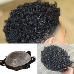 Brun foncé Noir 15MM Curl Hommes Toupets Durable Homme Naturel Hairline Perruque Peau Mince Système de Remplacement de Cheveux Humains Unité Prothèse