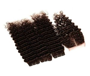 Tissages de cheveux vierges brésiliens brun foncé avec fermeture vague profonde 4 paquets de cheveux humains brun chocolat offres 3 pièces avec 4x4 avant Lac6266551