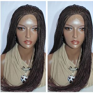 Donkerbruine kleur micro vlecht kanten pruiken bbraziliaanse haarpruiken gevlochten kanten voorpruik 30 inches doos vlechten zwarte synthetische pruiken voor zwarte vrouwen