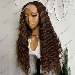 Perruque Lace Frontal Wig 100% naturelle Remy, brun foncé, Deep Wave, 13x6, cheveux Indain, densité 180, 360, pour femmes noires