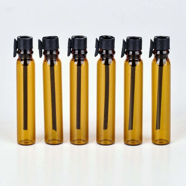 Botellas de perfume de vidrio marrón oscuro 1 ml 2 ml Aceite esencial Tubos de ensayo de muestra portátiles vacíos Viales con tapón de plástico Envase cosmético líquido Botella de prueba