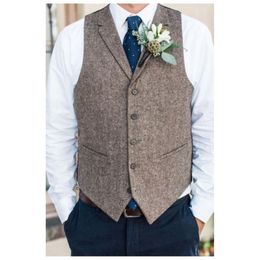 Vêtes de marié brun foncé 2019 Mariage en laine Herringbone tweed Groomsmen Vestes Men's Suit Prom Prom Farm Country Waistco Custom Mad 301Q