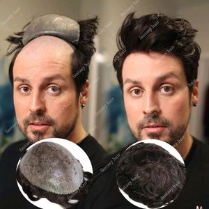 Perruque toupet en PU pour hommes, cheveux noirs naturels, peau fine, aspect naturel, système de remplacement Durable, prothèse capillaire