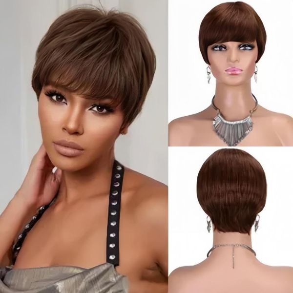 Pixie brun foncé, perruques coupées pour les femmes, perruques de cheveux humains courts remy coiffes brun foncé couleur courte noire en couches wigs ondulés