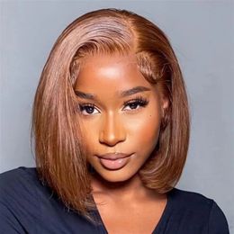 Perruque Bob Lace Front Wig naturelle lisse, cheveux courts brun foncé, 13x4, 4 Bob, 180% de cheveux humains, pour femmes