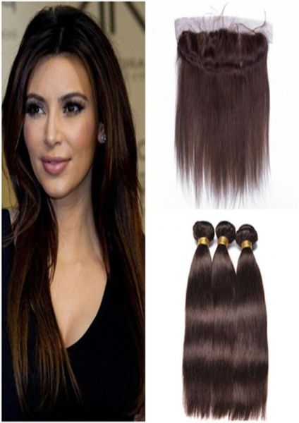 Trames de cheveux humains indiens vierges brun foncé avec frontal d'oreille à oreille 3 paquets de 4 tissages droits brun chocolat avec front de dentelle 13x45968803