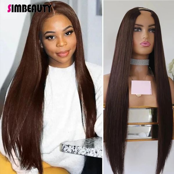 Dark Chocolate Brown Bone Straight U Part Wigs Middle Open 100% Human Hair Wig Peruvian V Shape Full Machine Made 30Inch Full End