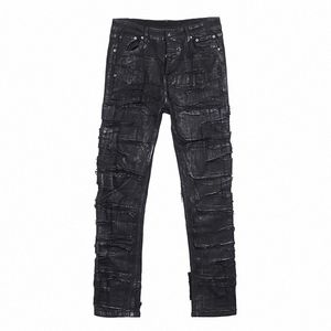 Revêtement foncé Cire Brossage Erosi Hole Jeans Hommes Ripped Casual Denim Pantalon Street Hip Hop Black Jeans Pantalons Hommes a1Oz #