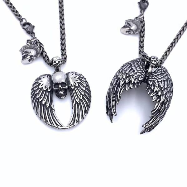 Diseño oscuro Satan Devil Wings Boys collar alas pluma colgante titanio acero personalidad moda accesorios joyería