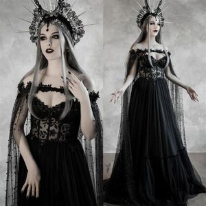 Donkere Sprookjesachtige Gothic Zwarte Trouwjurk met Cupped Korset Lijfje Fantasy A Line Bruidsjurken Middeleeuwse Vampire Halloween Wedding241h