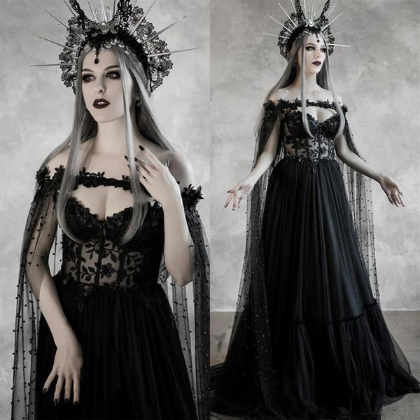 Vestido de novia negro gótico de cuento de hadas oscuro con corsé ahuecado Corpiño Fantasía Una línea Vestidos de novia Vampiro medieval Boda de Halloween 247w