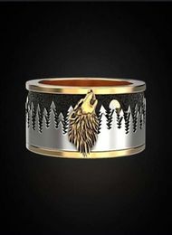 Floresta escura lobo uivando padrão esculpido anel cor de ouro punk viking men039s carbonizado anel jóias festa aniversário gift8019565