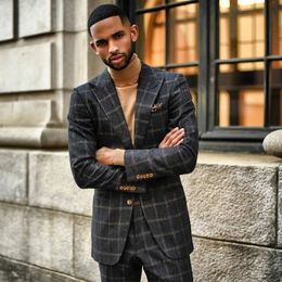 Dark Grey Damier Check Mens Suits Slim Fit Bruiloft Tuxedos Piek Revers Formele Blazer Wol Blend Prom Pak (jas + broek)