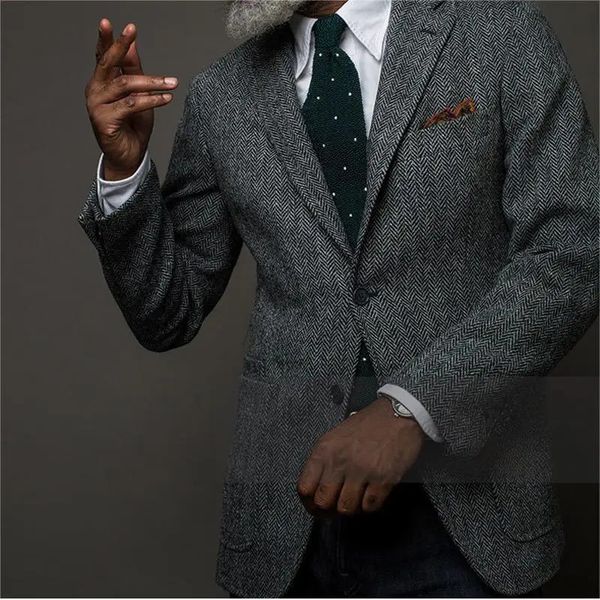 Chaqueta de traje gris oscuro para hombre, abrigo de dos botones con un solo pecho en espiga, chaqueta Formal de lana de Tweed para novio, boda, negocios, 231229