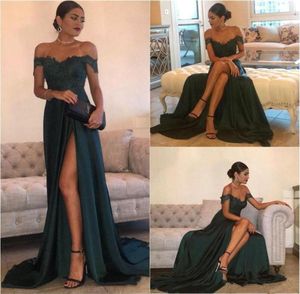 Dark Green 2017 Sexy Prom Dobules une ligne en mousseline de soie en mousseline de soie de sol haut de la longueur haute robe de nuit longue élégante pour2709037