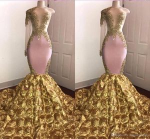 Afrikaanse zeemeermin prom jurken pure juweel nek goud geappliceerd een schouder sweep trein 3d bloemen avond formele feestjurk Pageant jurken