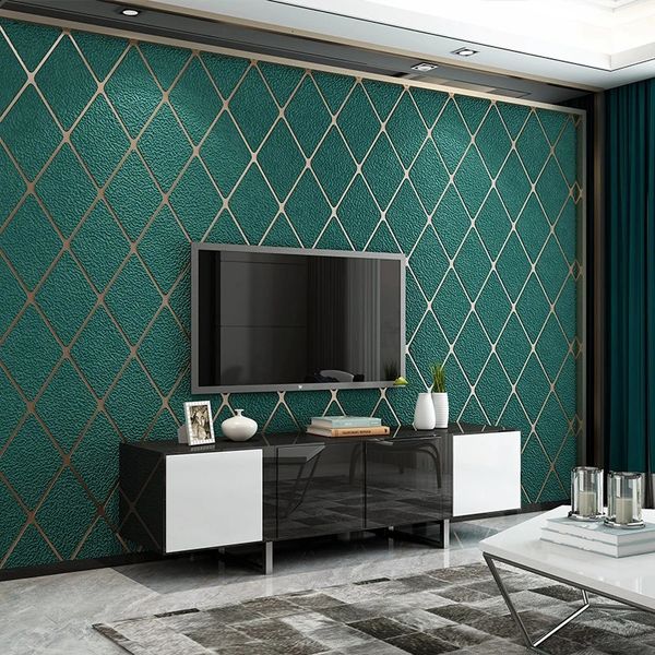 Papel tapiz de terciopelo de piel de ciervo con entramado de diamantes 3D, color verde oscuro, dormitorio, sala de estar, adhesivo de pared de fondo de azulejo minimalista moderno 240122