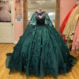 Vestido de fiesta de flores en 3D de color verde oscuro Vestidos de quinceañera con abrigo largo México Charro Vestido largo y elegante de debutante Princesa Dulce 15 Niñas Vestido De VX Anos