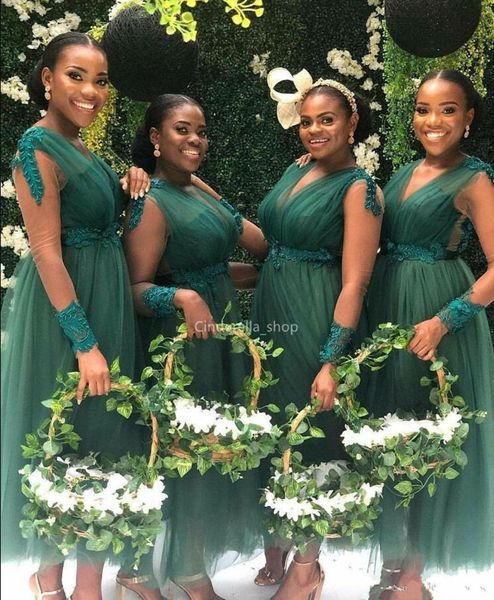 Robes de mariée noire africaine thé vert Longueur Illusion manches longues Applique Plis drapées Perles Tulle Plus Size Wedding Dress Robe Invité