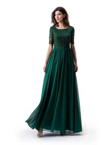 Vert foncé Aline longue robe de bal modeste avec demi-manches haut en dentelle jupe en mousseline de soie longueur de plancher femmes robe de soirée formelle Wed Party9904370