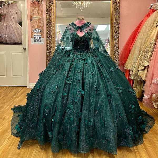 Green D Flowers Flowers Robe Quinceanera Robes avec Wrap Mexico Charro Long Élégant Robe de débutant Princesse Sweet Girls Vestido de Vx Anos