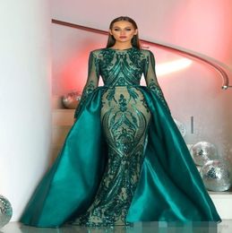 Vestidos de noche de Dubai de color verde oscuro Lentejuelas Apliques Satén Tul Sirena Tren desmontable Sobrefalda Manga larga Vestido de fiesta de graduación Forma9726213