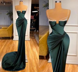 Vert foncé élégantes robes de bal de sirène en satin paillettes brillantes bretelles spaghetti occasion formelle robes de soirée Aso Ebi froncé sexy deuxième robe de réception CL1389