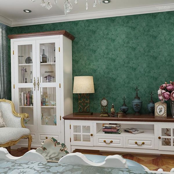 Papier peint uni en particules texturées en relief vert foncé, non tissé, décoration d'intérieur, papier peint de style rustique pour chambre à coucher et salon1