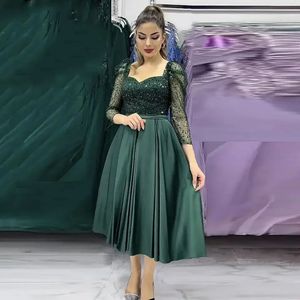 Robe de soirée vert foncé 2024 satin manches longues paillettes scintillantes perles a-ligne longueur de thé femmes robes de bal formelles robes de soirée