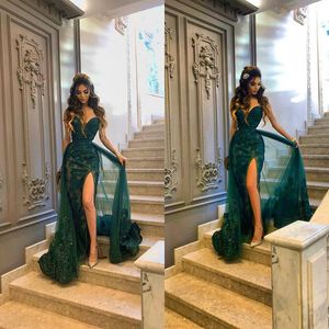 Dark Green Evening Dresses Sweetheart Lace Beaded Appliques Sequins Mermaid Prom Dress Sweep Train High Side Split Formal Party Gowns