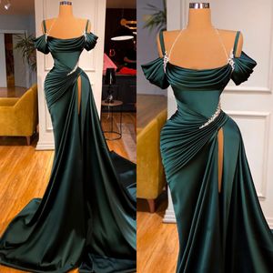 Robe de soirée vert foncé perles spaghetti fente robes de bal de soirée plis balayage train robe longue formelle pour une occasion spéciale