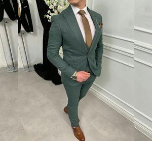 Tuxedos de mariage vert foncé en Tweed pour hommes, costumes à revers à un bouton, veste de mariage formelle, veste, pantalon, 7423231