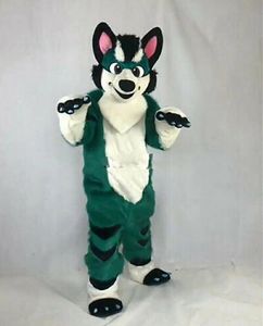 Costume de mascotte de chien de renard husky vert foncé convient aux vêtements de fête Performance carnaval taille adulte