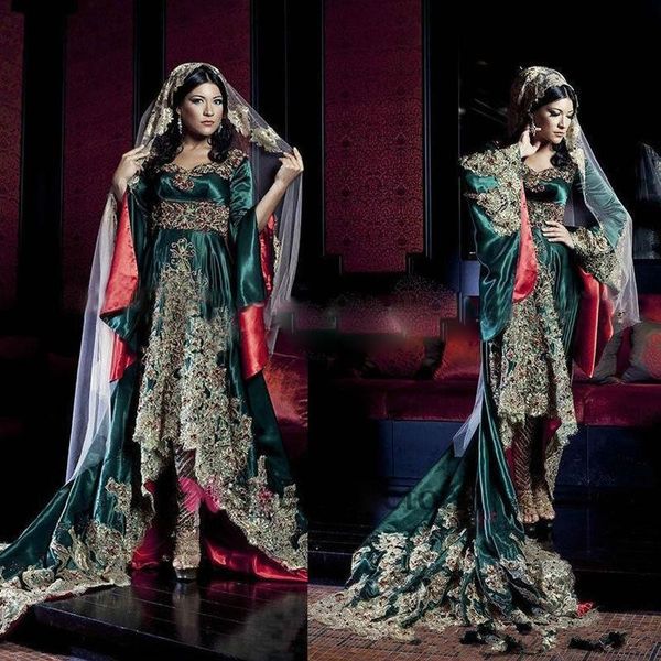 Verde oscuro India Arabia Saudita bata de manga larga cariño vestidos de noche verde cazador con apliques de encaje vestidos de noche musulmanes