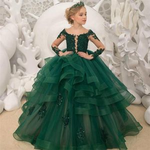 Vestidos de niña de flores de encaje verde oscuro Mangas largas Vestido de fiesta con cuentas Cuello transparente Tul Lilttle Niños Cumpleaños Vestidos de boda del desfile