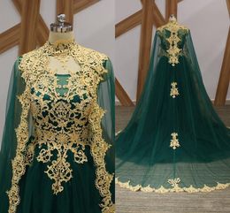Dark Green Lace Prom Dresses With Shawl Formal Evening Dress Party Gowns Applique High Neck Plus size Custom Made