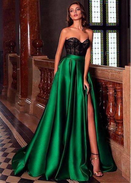 Vestidos de noche largos de color verde oscuro divididos Top de encaje negro Novia Longitud del piso Fiesta formal Vestidos de baile vestido festa longo