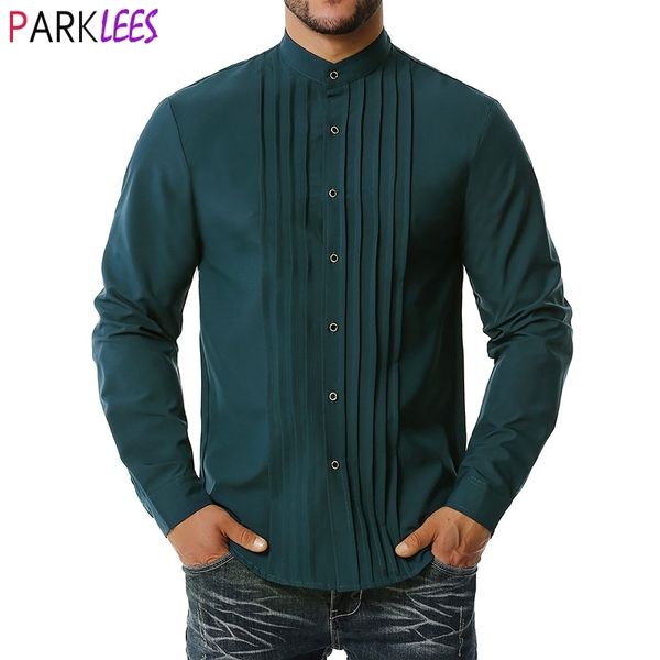 Camisa de esmoquin con cuello de banda verde oscuro para hombre, camisas de vestir de manga larga a la moda para hombre, camisa Formal para cena de fiesta de boda 2XL 210522