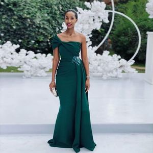 Vestidos de dama de honor sirena verde oscuro con un hombro al descubierto, Vestidos de flores con lazo, vestido largo de fiesta de boda elegante para mujer 2021