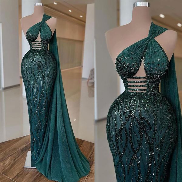 Robes de soirée sirène vert foncé sans manches col en V profond 3D dentelle cape perlée longueur de plancher appliques paillettes perlées célébrité plus la taille robes de soirée robe de bal